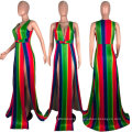 L51696 New Style Summer Casual V Neck Sleeveless Split Rainbow Print Striped Sexy Maxi Dress